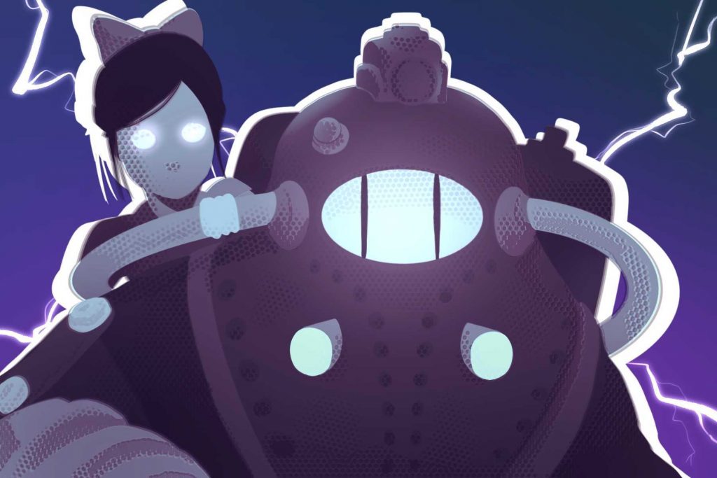 A drawing of BioShock shows a robot with a girl in the background.