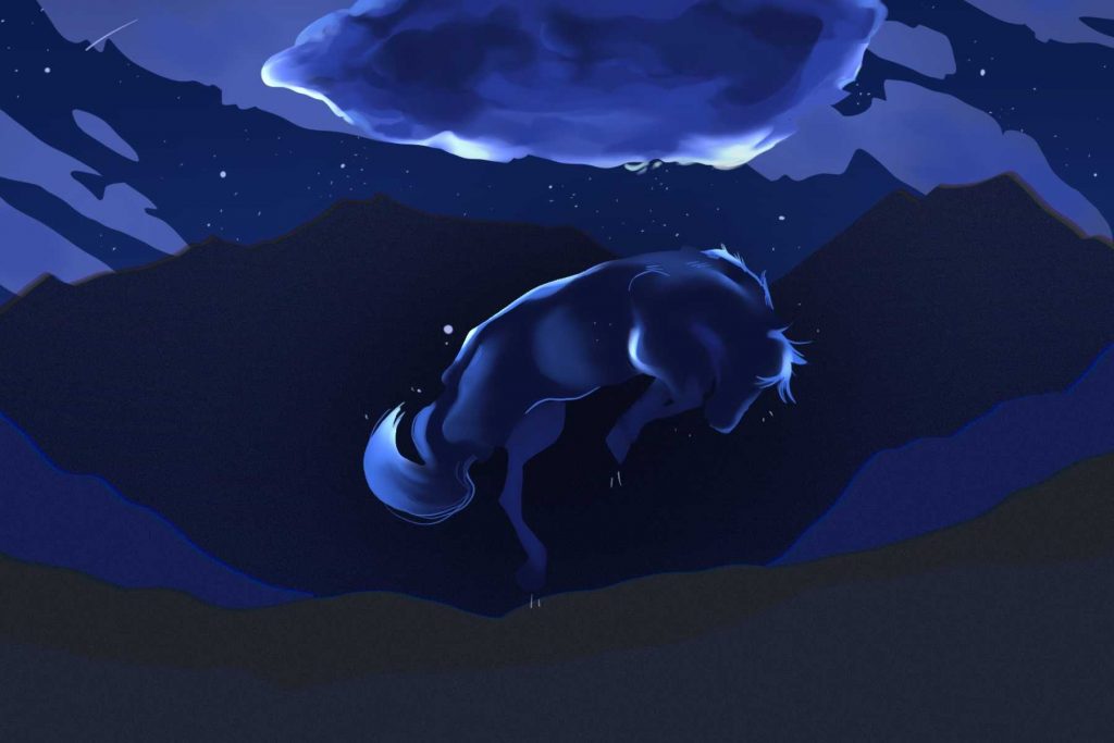 A drawing of a horror film by Peele shows a horse floating in mid-air.