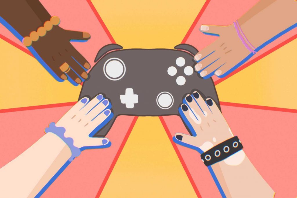 A drawing shows a video game console with four hands touching it.