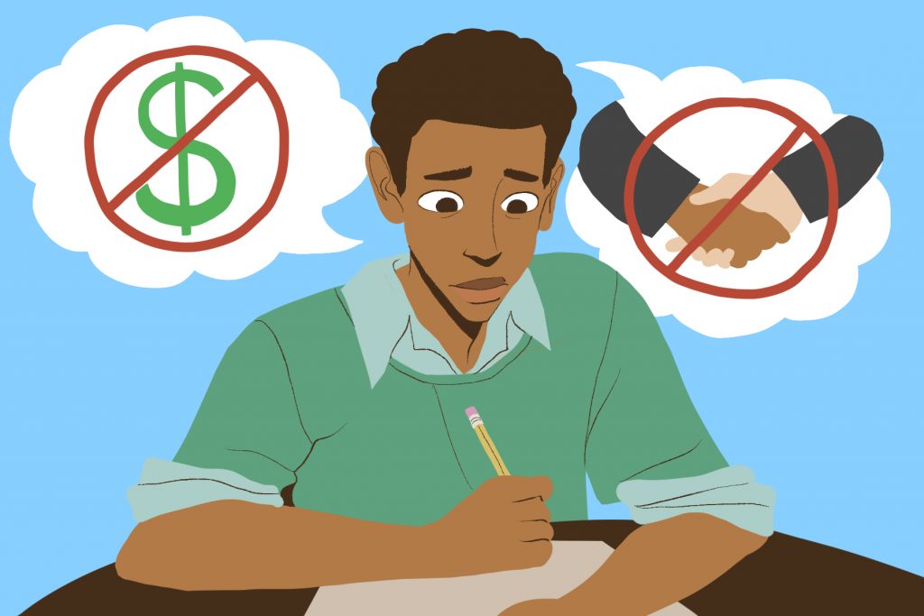 A drawing of a man taking the bar exam
