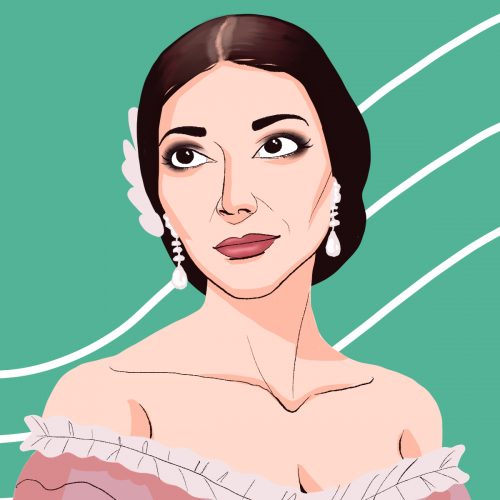 A drawing of Maria Callas shows the singer staring while lines float behind her