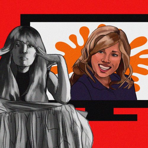In an article about Jennette McCurdy's memoir, an illustration of her and her on-screen character behind her.