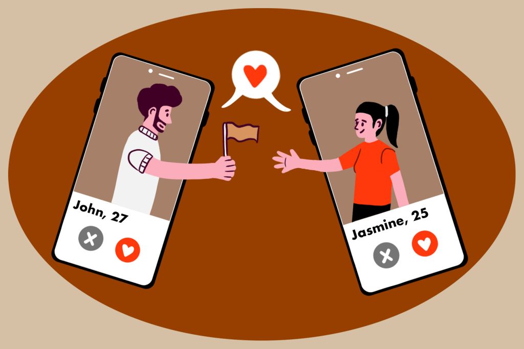 In an article about beige flags when dating, an illustration of two phones and a boy and a girl passing a beige flag between each other.