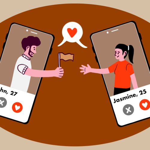 In an article about beige flags when dating, an illustration of two phones and a boy and a girl passing a beige flag between each other.