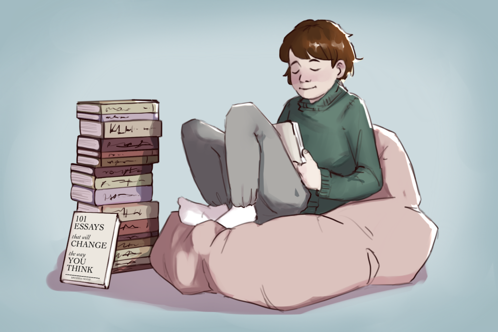 A copy of ‘101 Essays That Will Change The Way You Think being read by someone in a beanbag chair