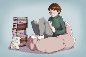 A copy of ‘101 Essays That Will Change The Way You Think being read by someone in a beanbag chair