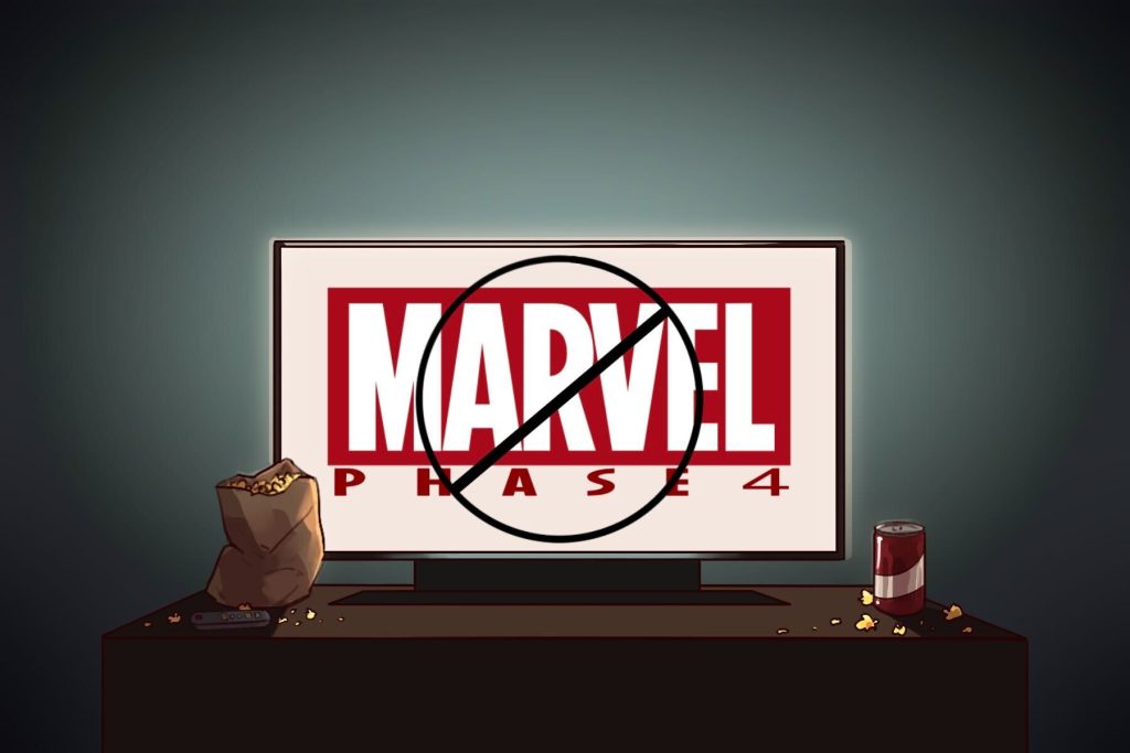 In article about marvel phase 4, the words marvel phase 4 on a television screen, with the words crossed out