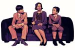 three characters from Lost in Yonkers sitting on a couch