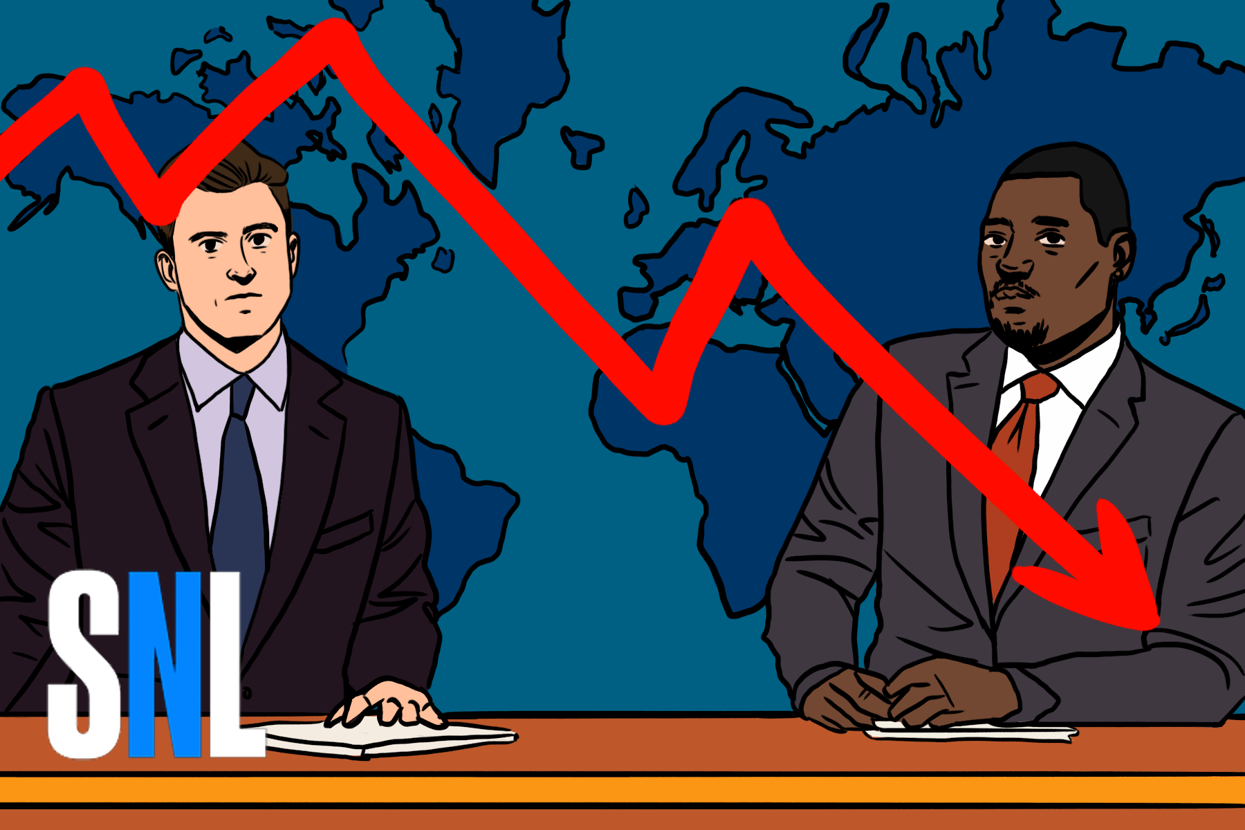 in an article about SNL, illustration of Michael Che and Colin Jost doing weekend update with a downward arrow superimposed