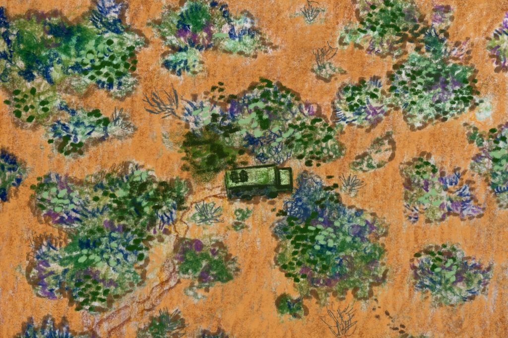 A drawing of 'beast' shows a small car driving through the African wasteland