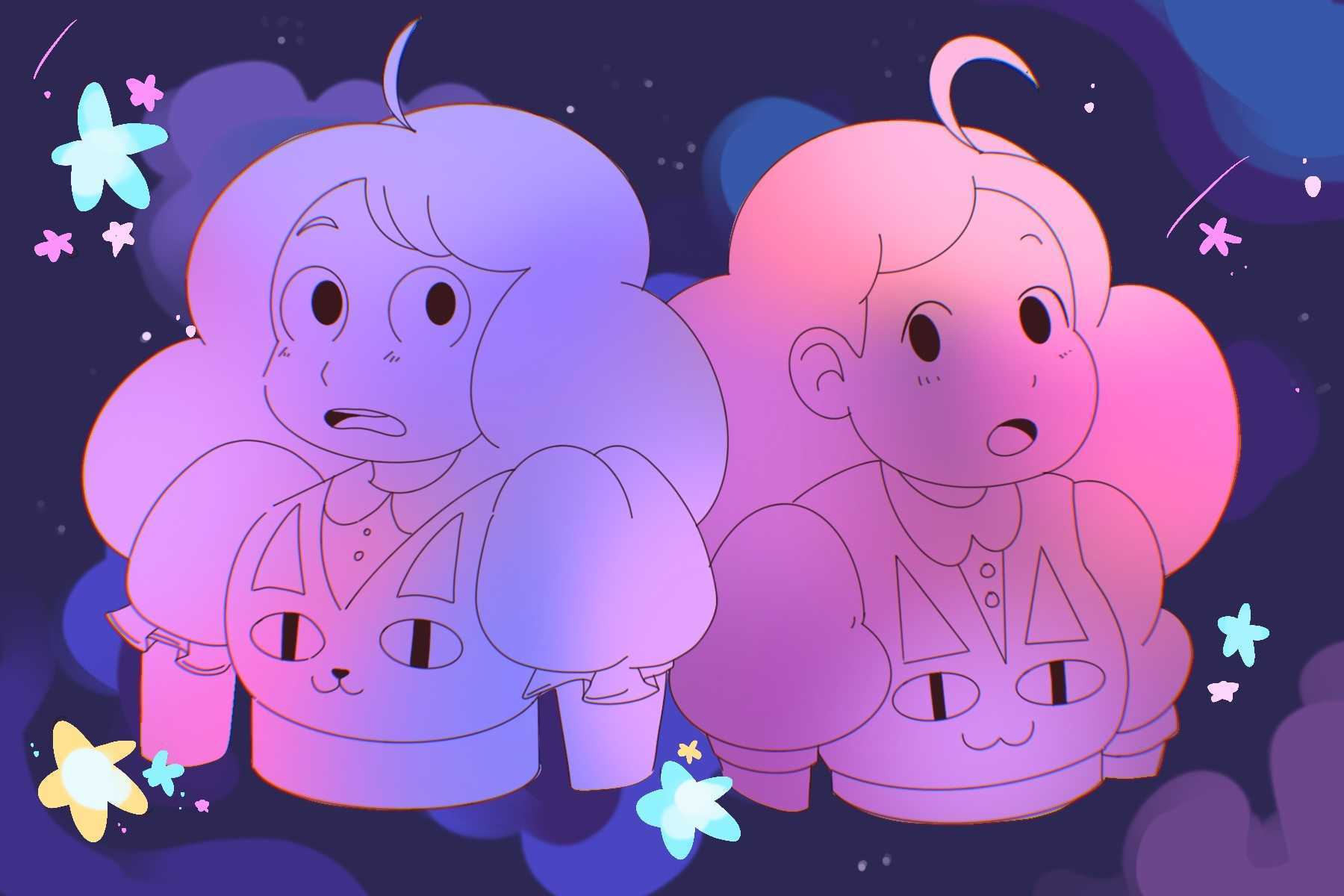 A drawing of Bee and PuppyCat shows two characters staring with fear