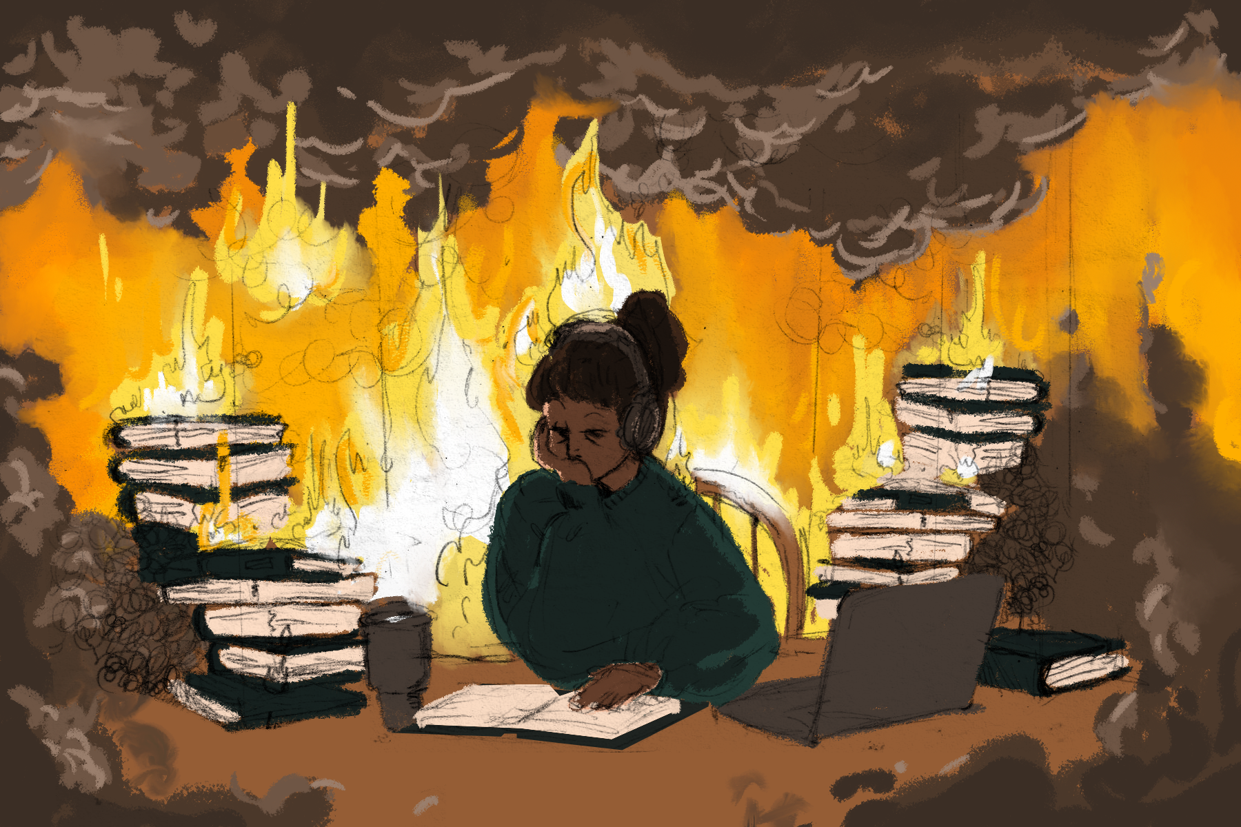 Girl studying with a pile of books.