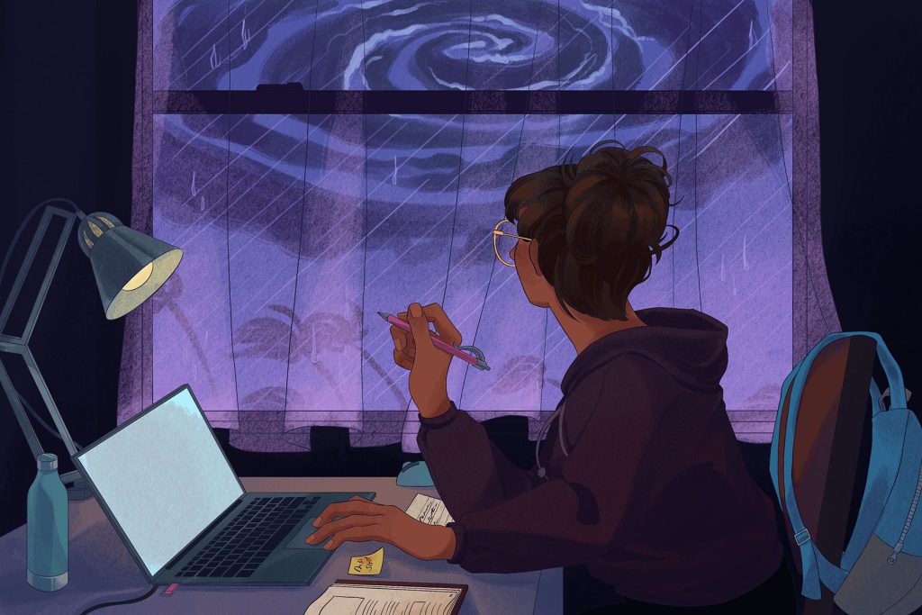in article about Hurricane Ian, illustration of college student looking out window at incoming storm