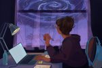 in article about Hurricane Ian, illustration of college student looking out window at incoming storm