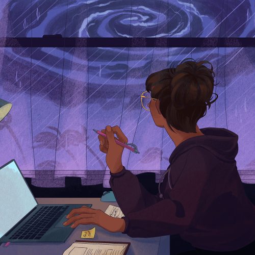 in article about Hurricane Ian, illustration of college student looking out window at incoming storm