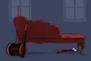 In an article about Harley Quinn, an illustration of a couch surrounded by Harley Quinn's weapons