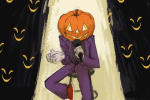 Man with pumpkin for head doing stand-up.