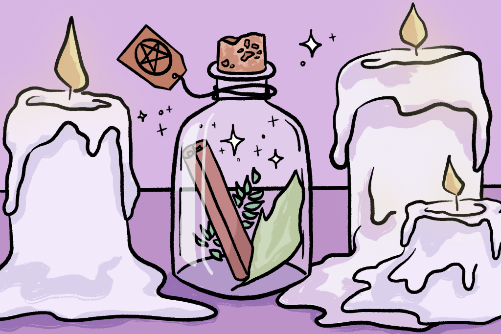 Illustration of common tools used in occult practices such as Wicca
