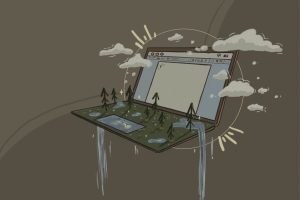 in article about creative writing MFA programs, illustration of an open laptop with a forest growing from the keyboard