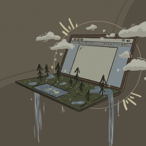 in article about creative writing MFA programs, illustration of an open laptop with a forest growing from the keyboard