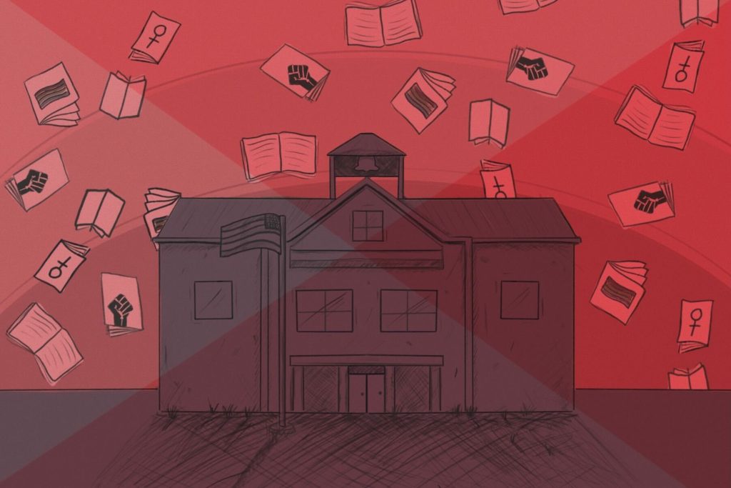 In an illustration about book bans, a schoolhouse is surrounded by books with controversial symbols