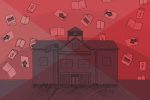 In an illustration about book bans, a schoolhouse is surrounded by books with controversial symbols