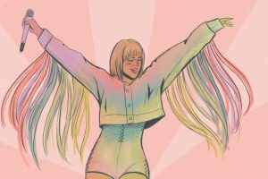 in article about queer Taylor Swift songs, illustration of Swift in a rainbow outfit