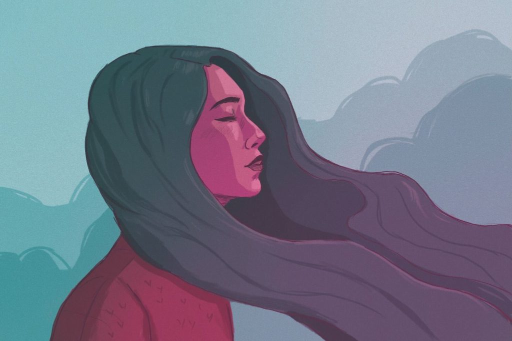 in article about breathing techniques, illustration of a woman figure with long hair blowing in the wind