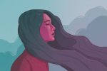 in article about breathing techniques, illustration of a woman figure with long hair blowing in the wind