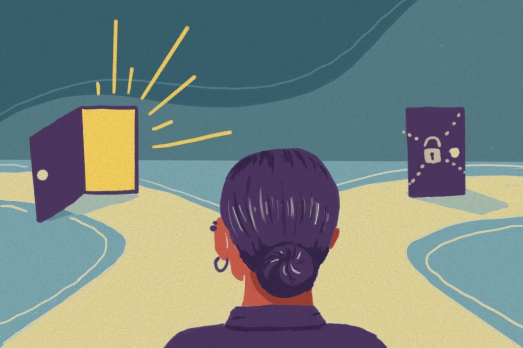 in article about job rejection, illustration of a woman facing towards two doors, one open with possibility and the other closed and locked away