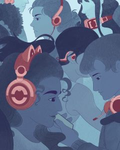 a crowd of students listening to music through headphones
