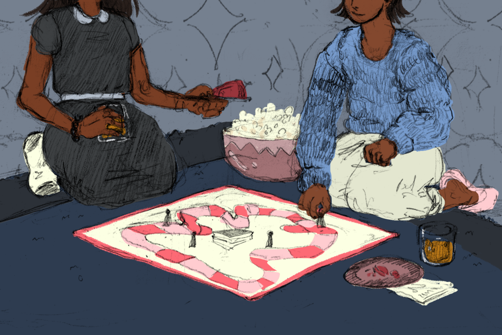 An illustration of two people playing a board game