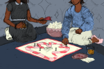 An illustration of two people playing a board game