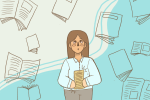 in article about creative writing, illustration of girl holding a book on a blue background with book graphics floating in the air