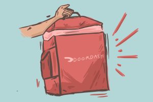in article about dos and donts of being a Dasher, illustration of a red DoorDash bag