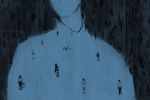 A drawing meant to represent loneliness shows a person painted in blue with smaller people standing around by themselves.