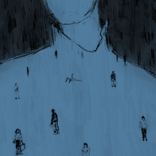 A drawing meant to represent loneliness shows a person painted in blue with smaller people standing around by themselves.