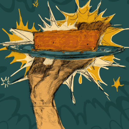 a hand holding up a piece of pumpkin pie