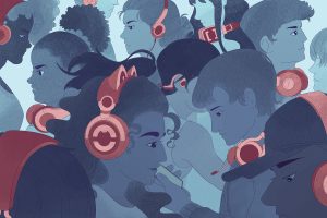 in article about best headphones for college students, illustration of various people wearing headingphones
