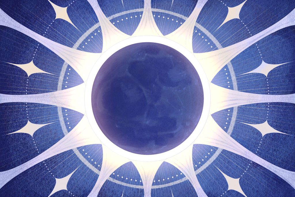 in article about solar eclipse, illustration of a moon blocking the sun on a blue background