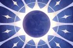 in article about solar eclipse, illustration of a moon blocking the sun on a blue background