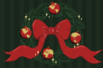 An illustration of a Christmas wreath decorated with ornaments that resemble globes