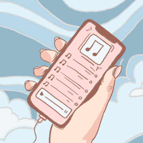 a hand holding a phone displaying a playlist
