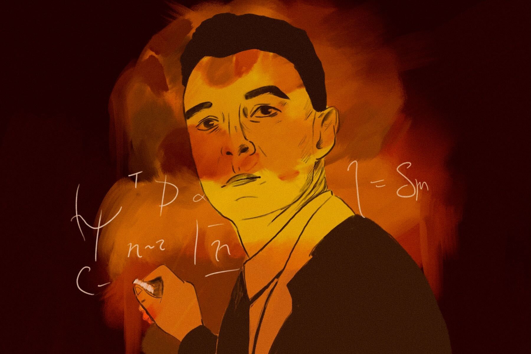 An illustration of J. Robert Oppenheimer writing on a chalkboard