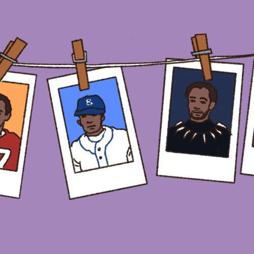 Polaroids of Chadwick Boseman's most iconic roles pinned to a string.