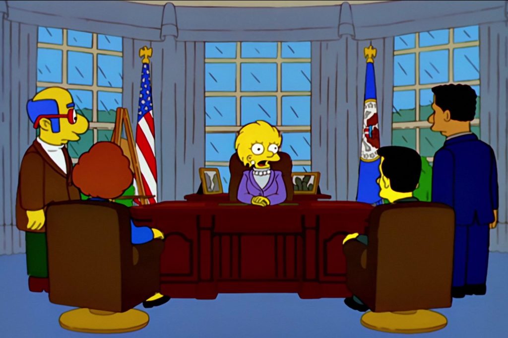 a screenshot of the simpsons shows lisa simpson as president in the oval office
