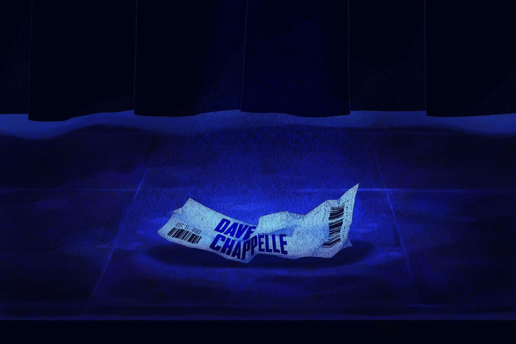In an article about the downfall of Dave Chapelle, a crumpled ticket to one of his shows lies on the ground.
