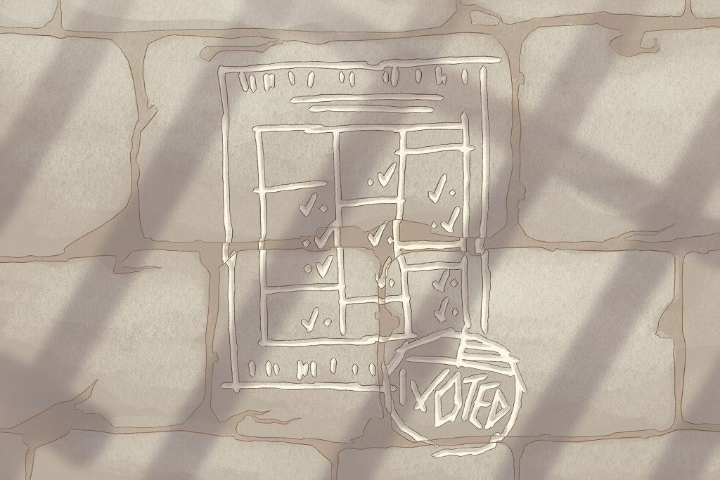 In an article about prison labor, the stone wall of a prison cell is etched with a completed ballot and the carved out emblem of an 'I Voted' sticker.