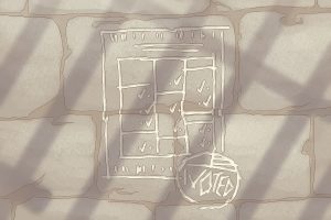 In an article about prison labor, the stone wall of a prison cell is etched with a completed ballot and the carved out emblem of an 'I Voted' sticker.