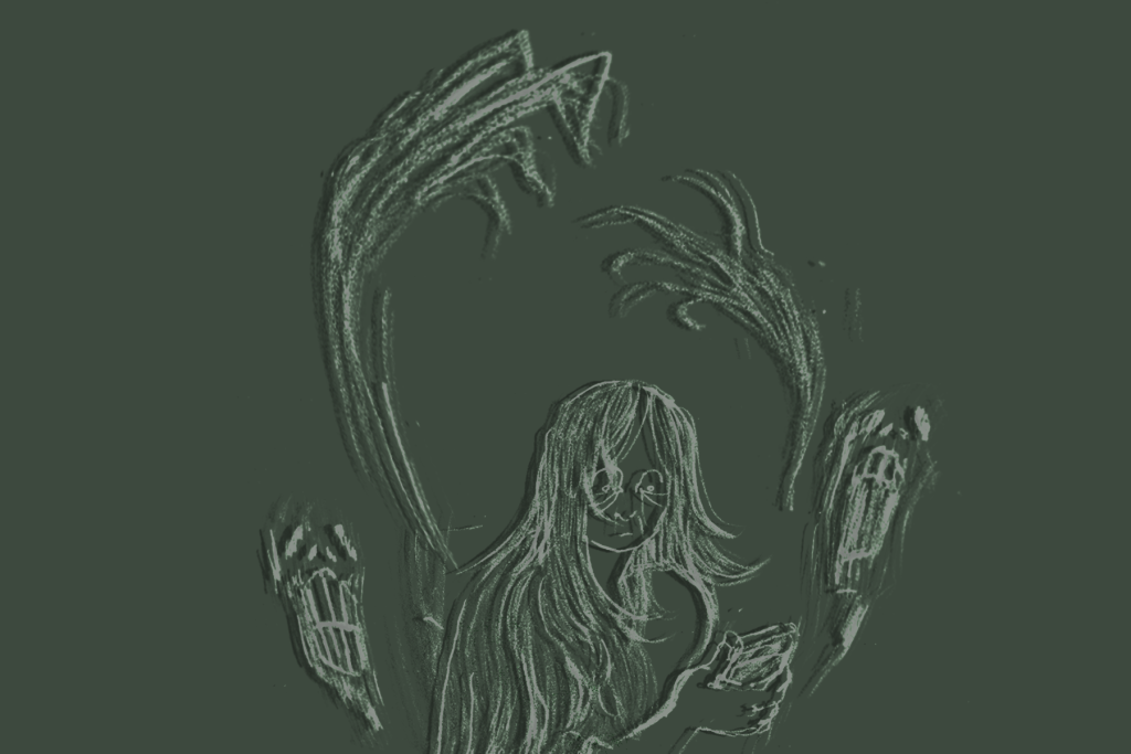 Illustration of someone doomscrolling on their phone.
